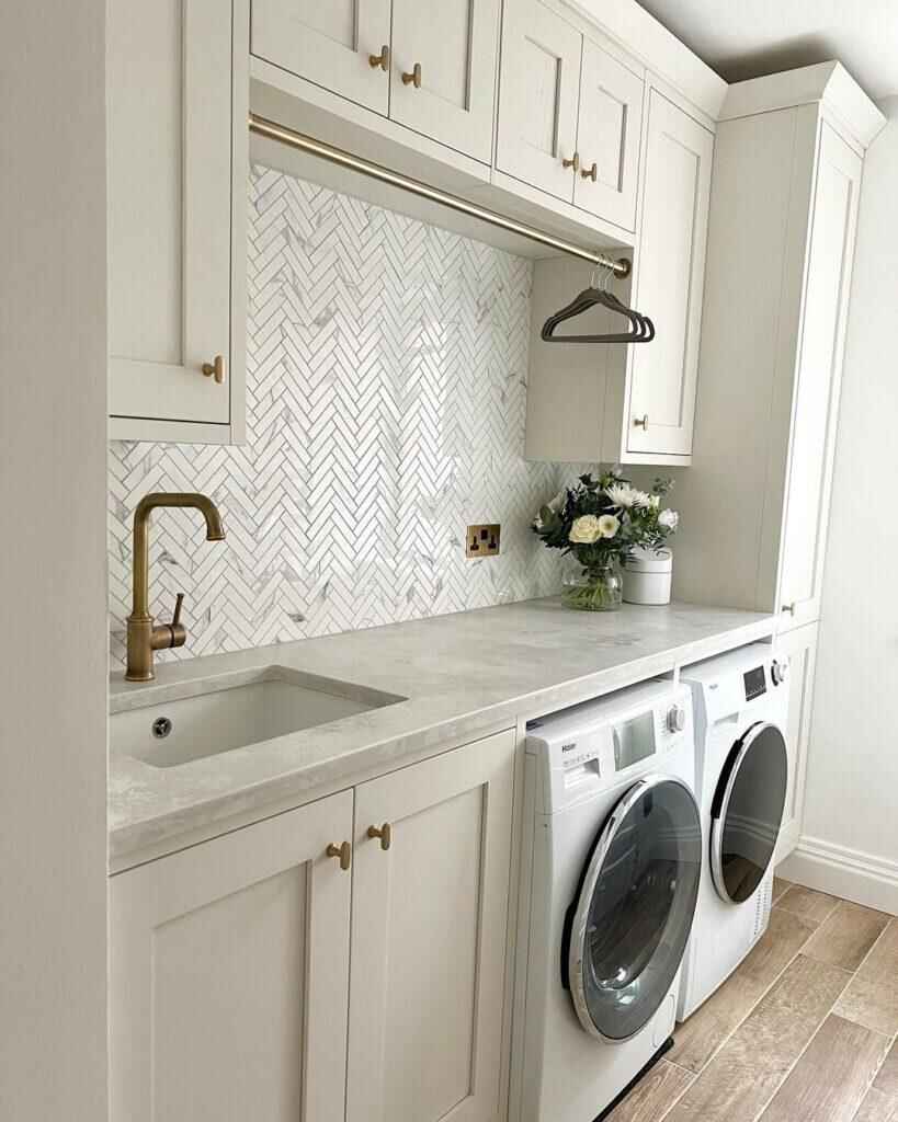 Laundry sink backsplash tile installation Emser partner Galvez