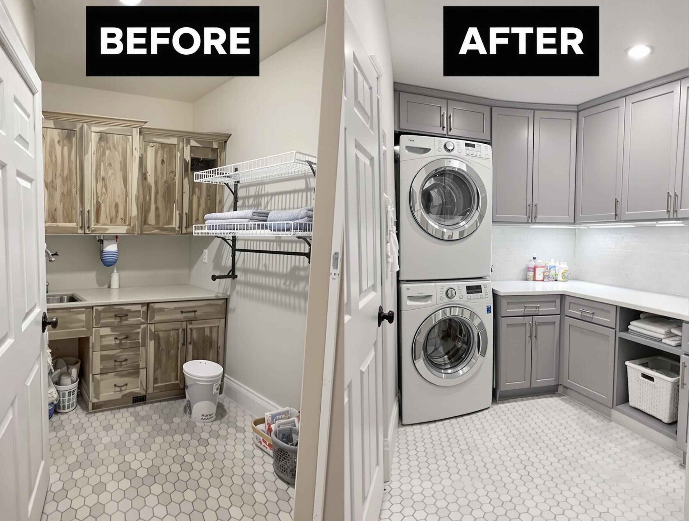 Laundry room before and after remodel comparison North Mississippi