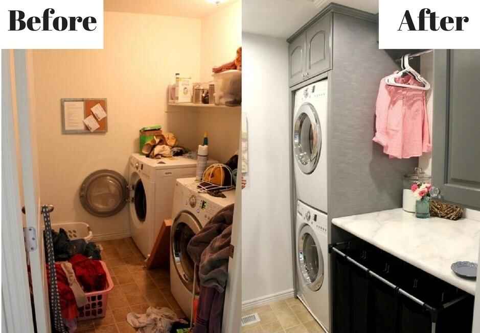 Laundry room remodeling before and after — outdated space transformed by Galvez North Mississippi
