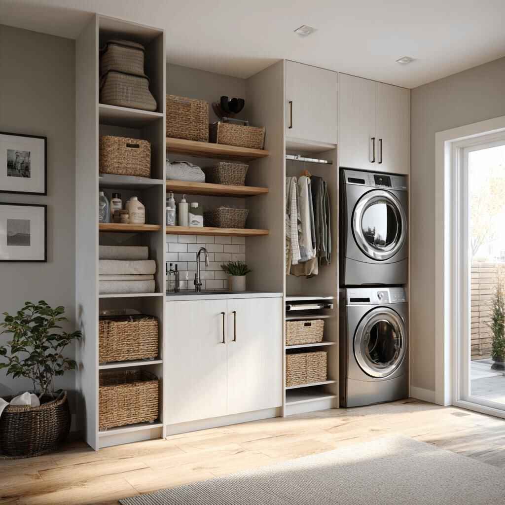 Built-in laundry room storage shelving North Mississippi remodel