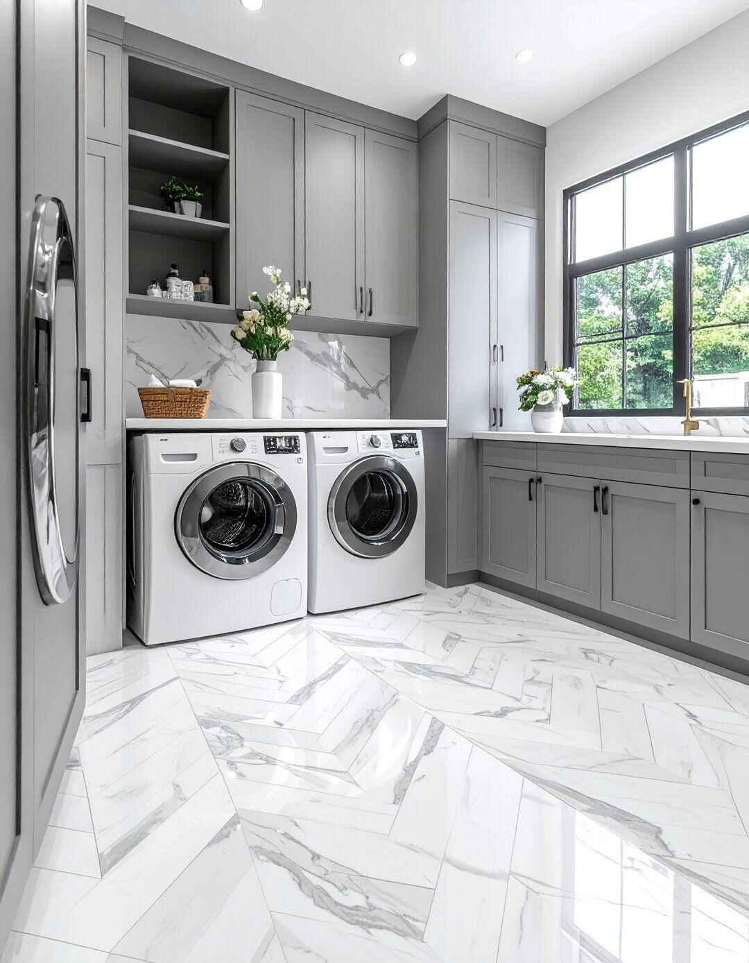 Tile flooring installation in laundry room by Galvez Emser partner