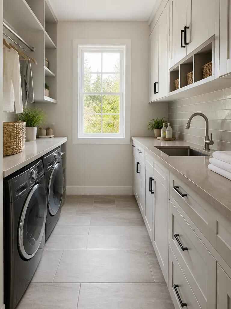 Tile flooring installation in laundry room with utility sink and cabinets