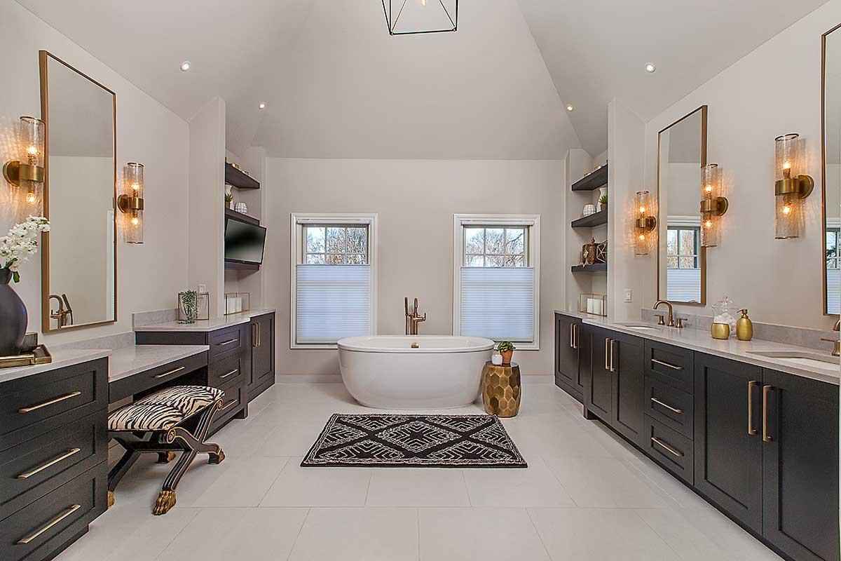 Custom bathroom vanity and walk-in shower by Galvez Construction