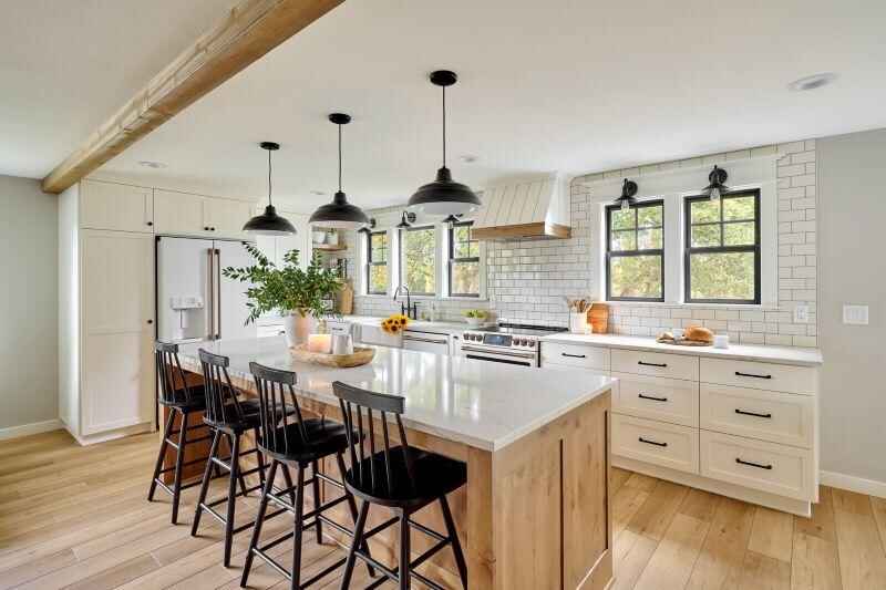 Farmhouse-style kitchen remodel with open shelving