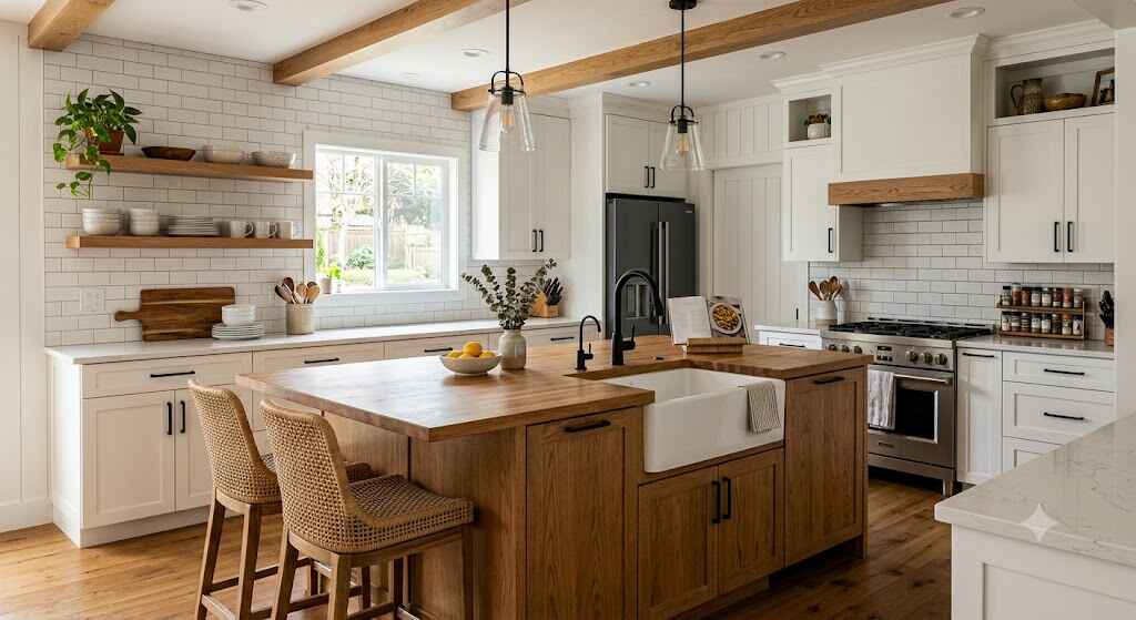Modern farmhouse kitchen remodel with island and pendant lighting