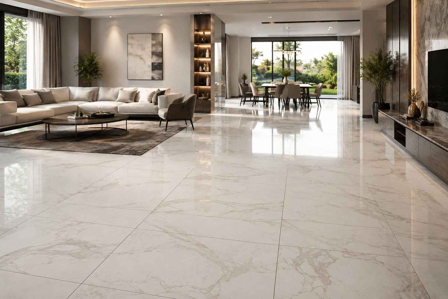 Completed tile flooring project in a living room
